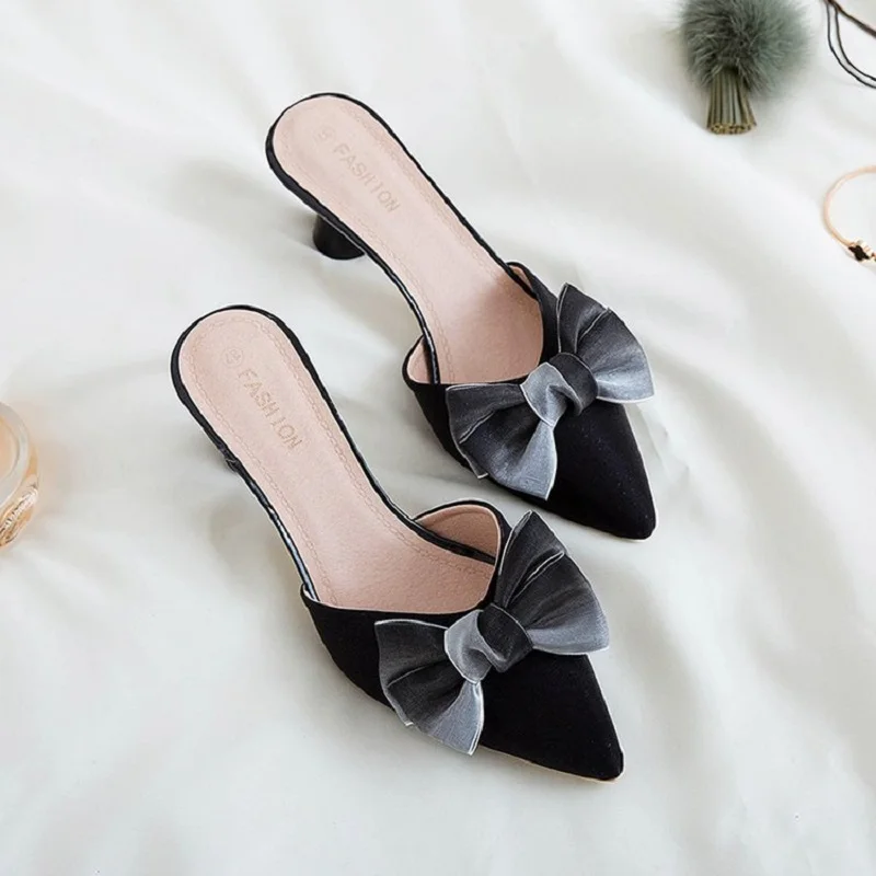 

Outer wear sandals women's shoes summer new style Korean sweet bow-knot Baotou half slippers stiletto high heels large size 40