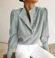 women elegant turtleneck blouse long sleeve white shirt office lady top casual solid single breasted puff sleeve womens blouses