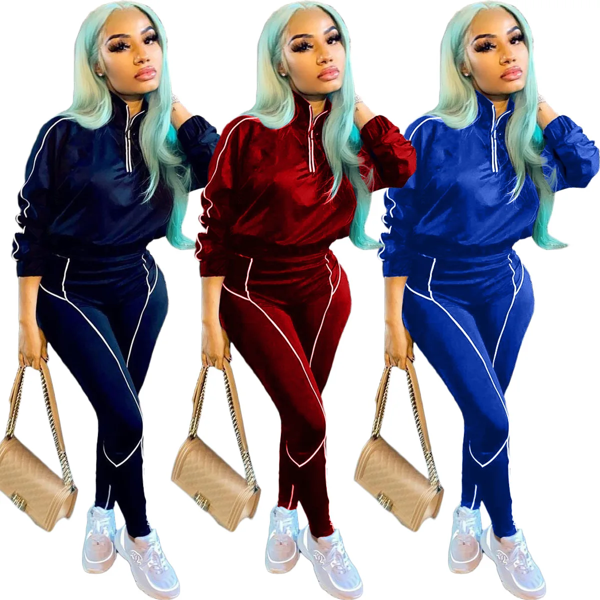 

Women's Sports and Leisure Suit Two-piece Suit Autumn Winter Models High Neck Zipper Design Top & High Wait Pants Set