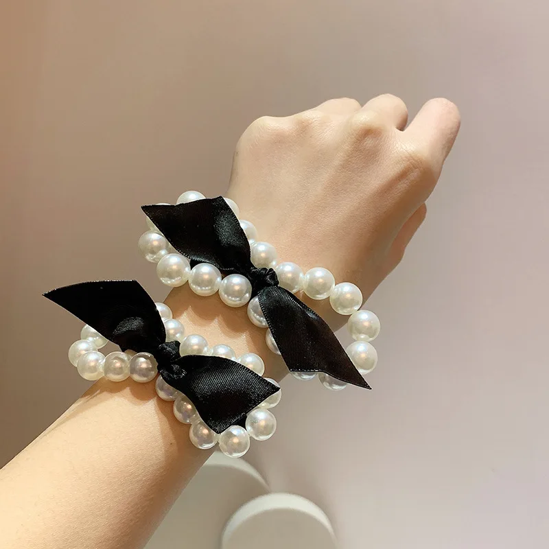 

Simple Temperament Ribbon Bows Hair Ties for Women Pearls Rubber Bands Elastic Scrunchie Girls Ponytail Holder Hair Accessories