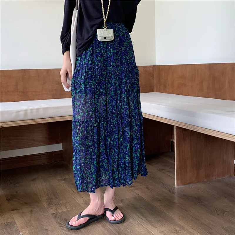 

Hzirip Summer Slit Irregular High Waist Chiffon Blue Floral Pleated Female 2021 Chic Fashion Gentle Casual Mid-Length Skirt