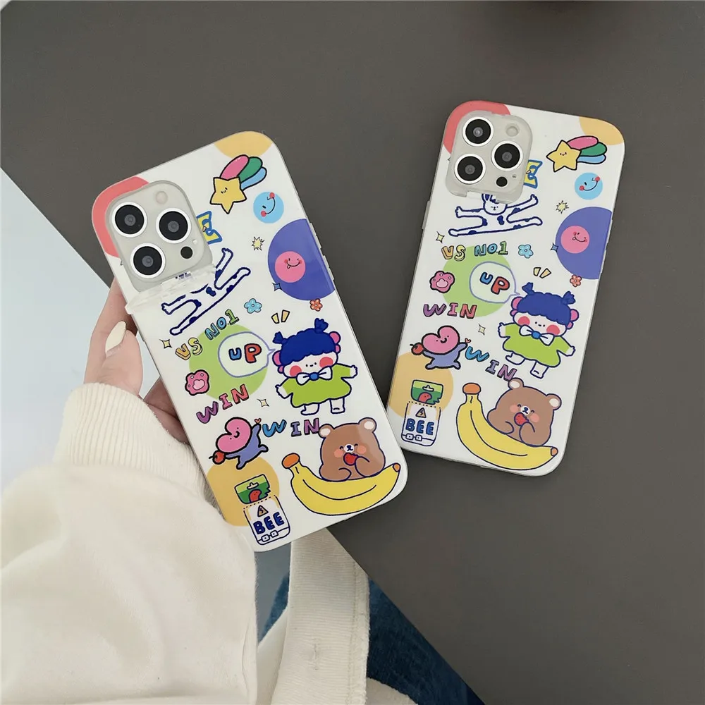 

Graffiti Banana Bear Transparent Bracket Phone Case For iPhone 13 12 11 PRO MAX XS X XR 7 8 PLUS Cartoon Cute Soft Frame Cover