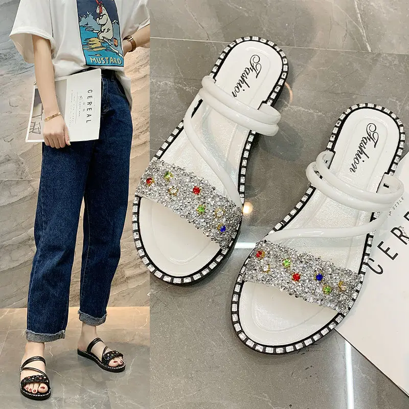 Горный хрусталь сандалии на плоской подошве женские с Т образным ремешком черные