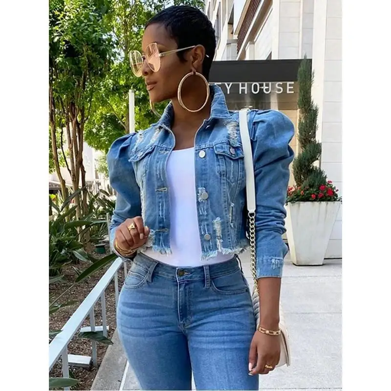

Sexy Autumn Women Ripped Denim Jackets Vintage Casual Short Jean Jacket Puff Sleeve Winter Female Coat Streetwear Plus Size