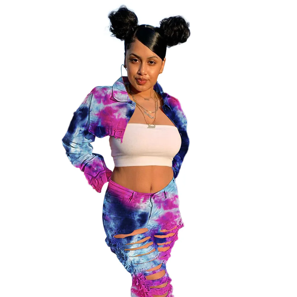 

Fashion Tie Dye Print Short Denim Woman Jacket Coat Vintage Long Sleeve with Pockets Slim Jacket Women Coat