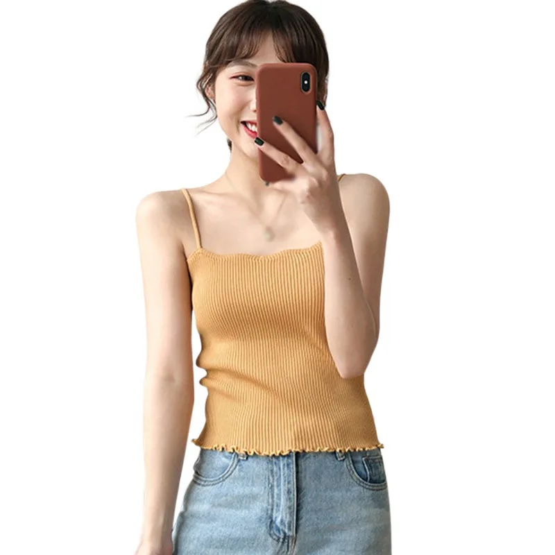 

Summer Women Tank Tops Sleeveless Cami Solid Color Knited Wear Korean Style Vests Female Knitted Stripped Solid Camis
