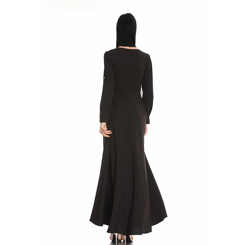 

WEPBEL Muslim Dress Women's Casual Embroidered Solid Color Dress Spring Autumn Long Sleeve O-Neck High Waist Lace-up Dress