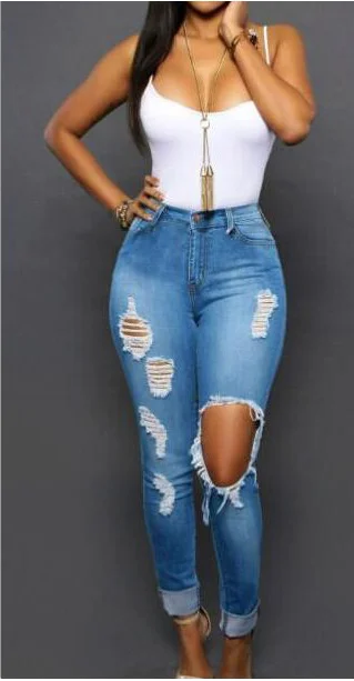 

2021 Europe and the United States plus size ripped jeans hot sale explosion style cotton stretch slim fit pants women