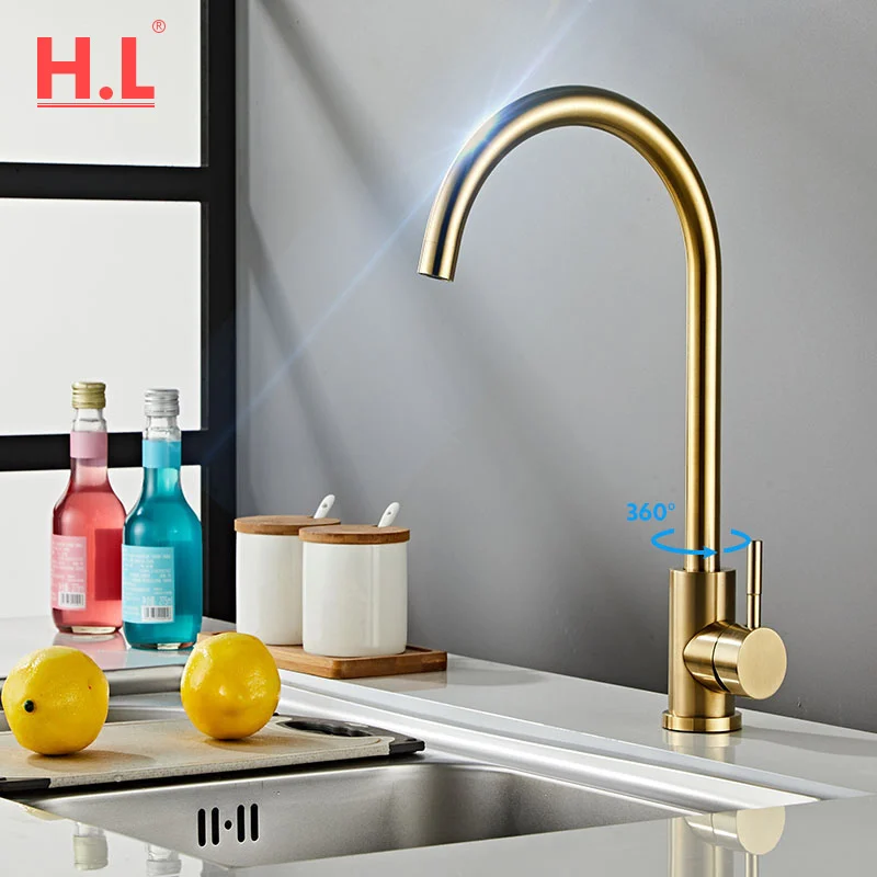 Kitchen Faucets Brushed Gold Stainless Steel 360 Rotate Kitchen Faucet Deck Mount Cold Hot Water Sink Mixer Taps Torneira