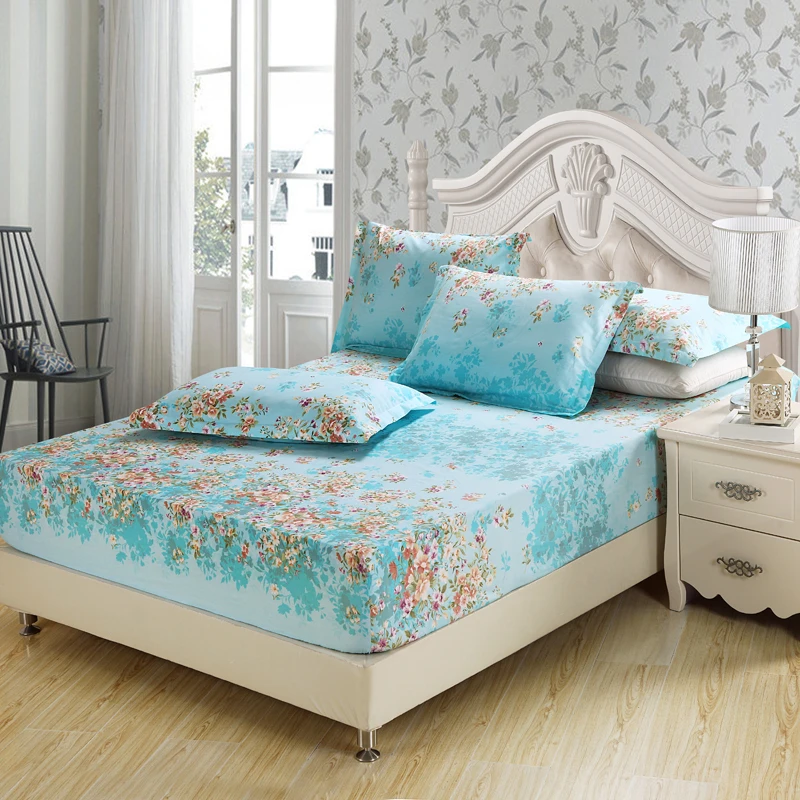 

100% Cotton Fitted Sheet Twin Double Full Queen King Size Mattress Cover Pure Cotton Bed Sheet With Elastic White Flower Bedding