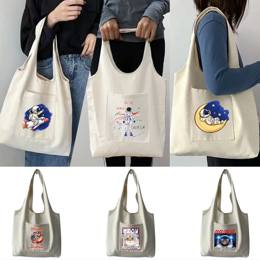 

Tote Bag Women‘s Shopper Shopping Bags Female Canvas Commuter Student Vest Bag Cotton ClothCute Astronaut Series Handbags