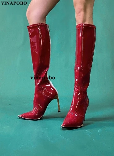 

Vinapobo Back Zipper Patent Leather Sexy Pointed Women High Heel Short Boots 2020 New Leisure Cool Ladies Shoes Botas De Mujer