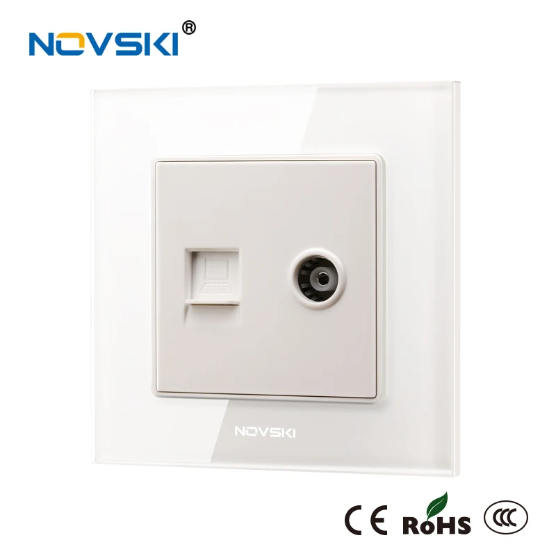 NOVSKI RJ45 Cat6 10 Гбит/с компьютер LAN Ethernet стены данных коаксиальный ТВ Антенна Разъем Кристалл Закаленное стекло панель 86*86 мм