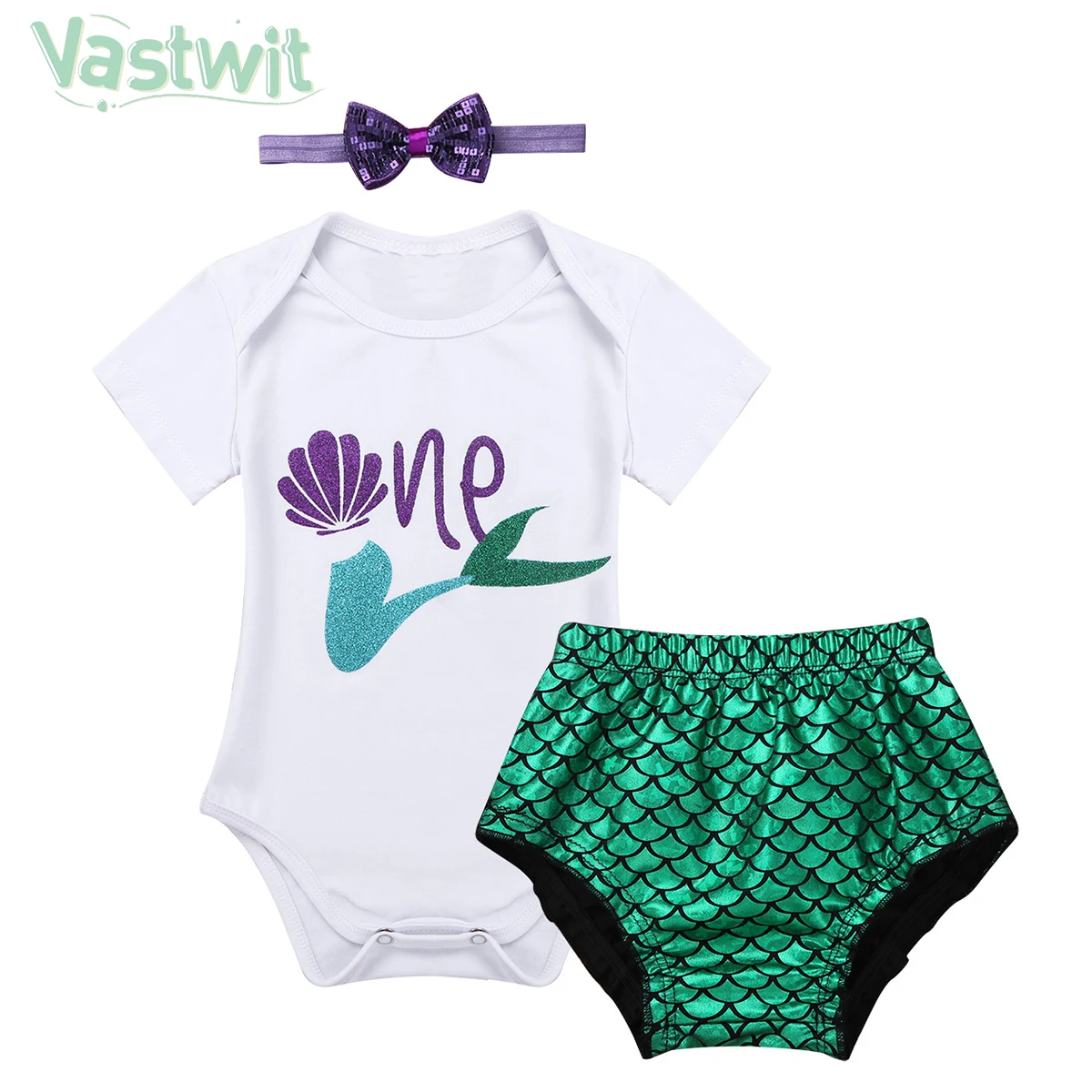 

Baby Girls One Year Dress Mermaid First 1st Birthday Outfit Summer Baby Girl Romper+Ruffle Party Tutu Bloomers 3pcs Clothing Set