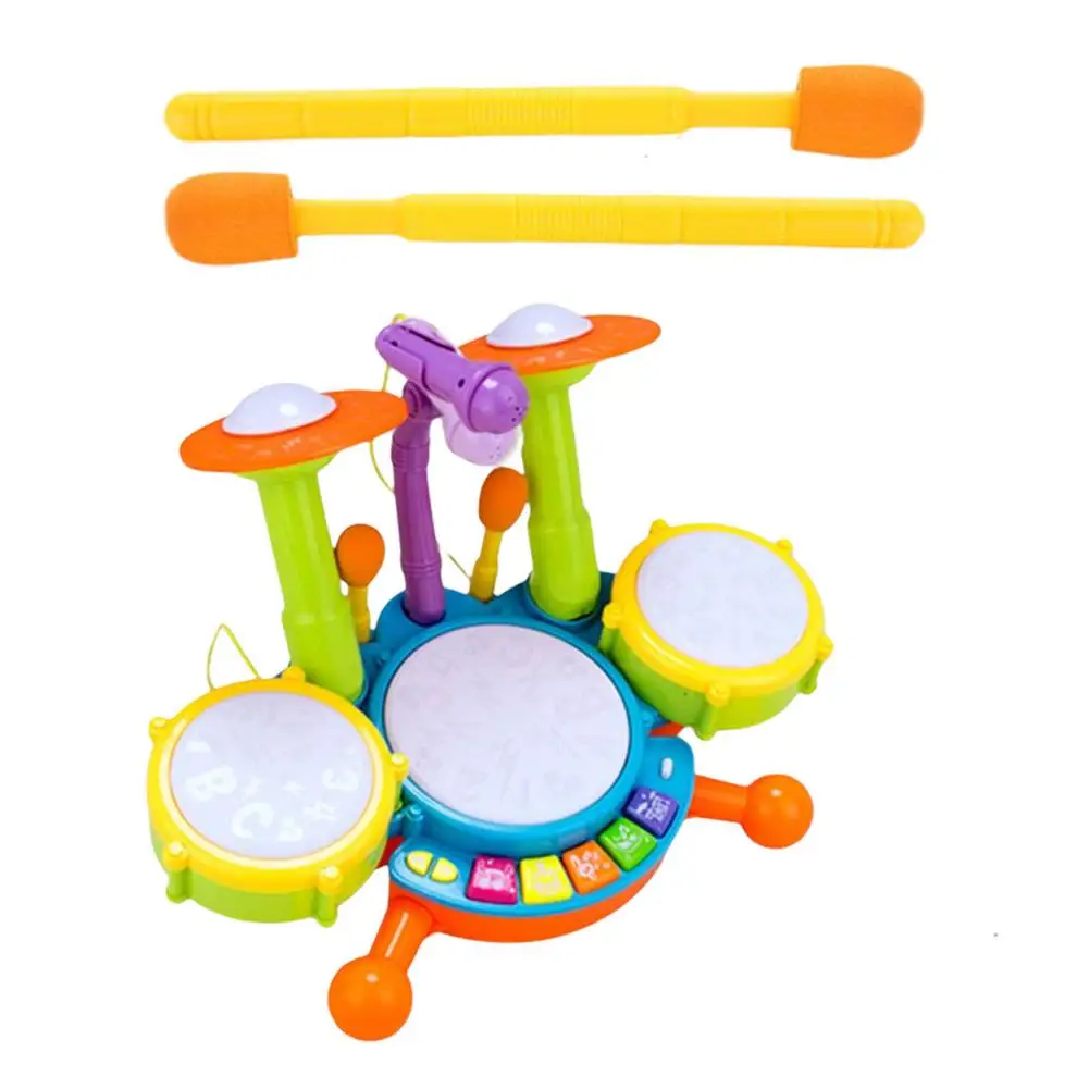 

Musical Toy Set Baby Drum Set With 2 Drum Sticks Microphone Light Early Educational Toy For 1-5 Years Old Kids