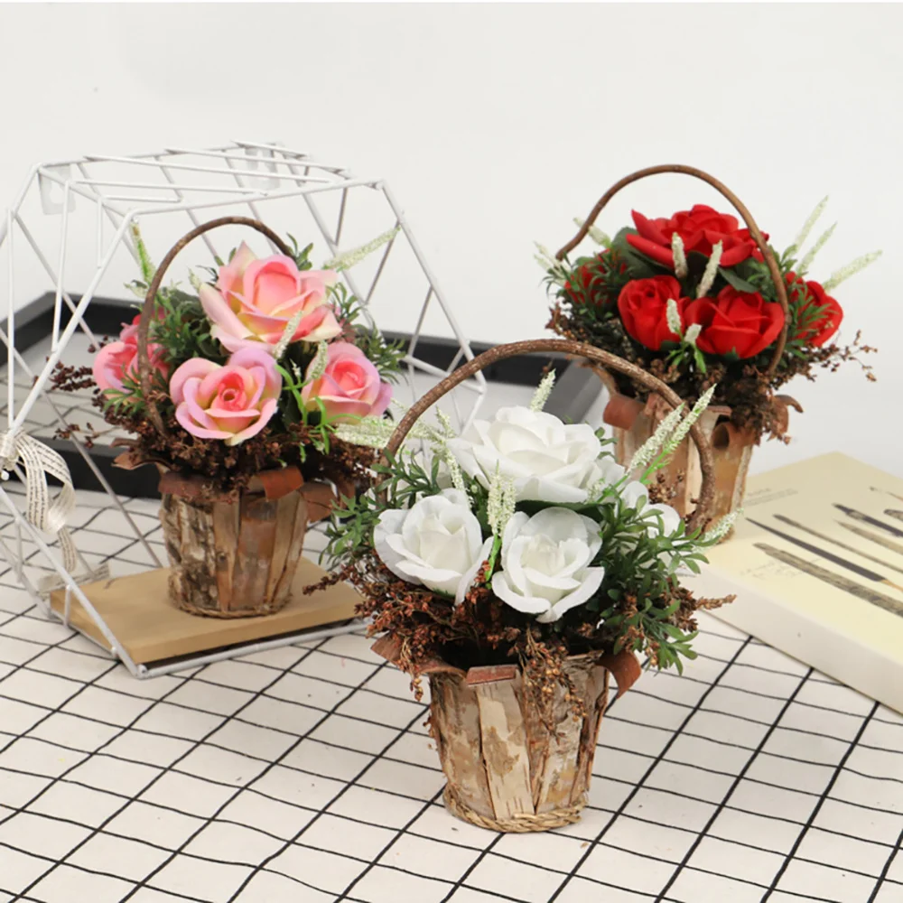 

1pc Artificial Flower Ornament Handheld Flower Basket Potted Plant Decor )