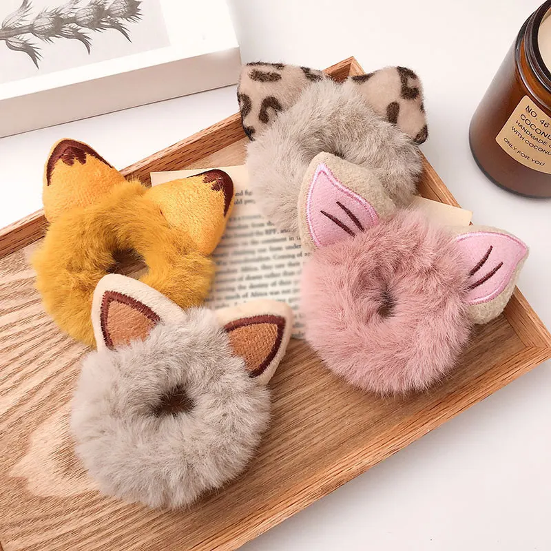 

New Plush Scrunchies Furry Bear Ears Faux Fur Hair Rope Elastic Hair Bands Ponytail Holder Girls Hair Ties Ring Hair Accessories