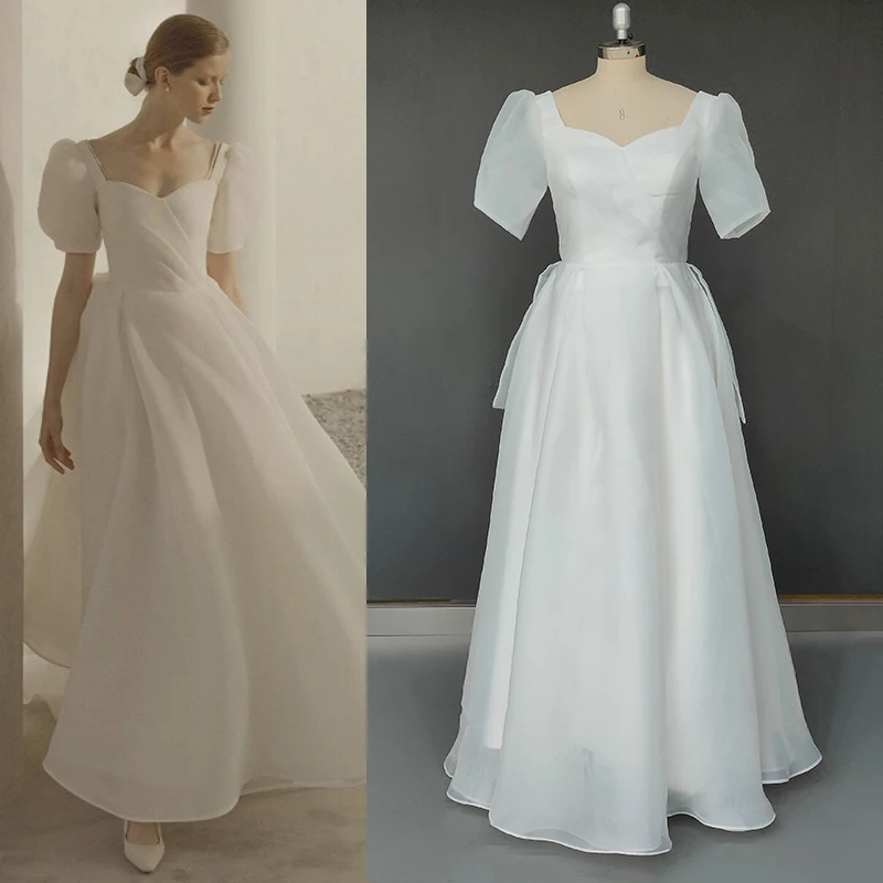 

Реальные фотографии простые дешевые свадебные платья из органзы Короткие рукава фонарики на заказ винтажное кружевное длинное свадебное платье с квадратным вырезом