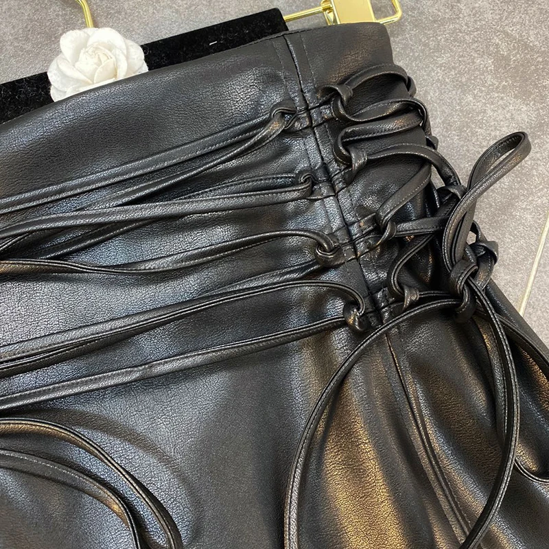 

SISPELL Patchwork Strap PU Skirt For Female High Waist Slimming Lace Up Bowknot Women's Skirt Fashion Streetwear 2021