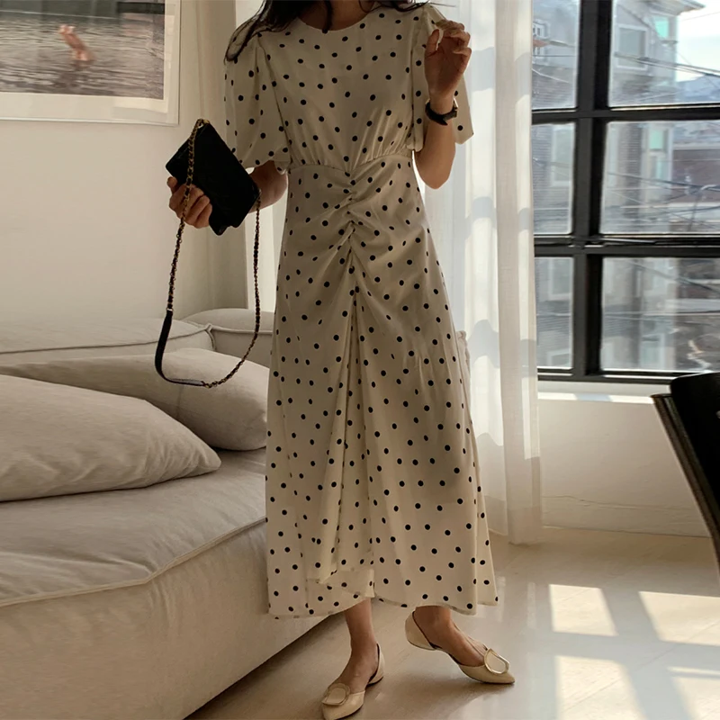 

Платье женское в горошек, с круглым вырезом и высокой талией