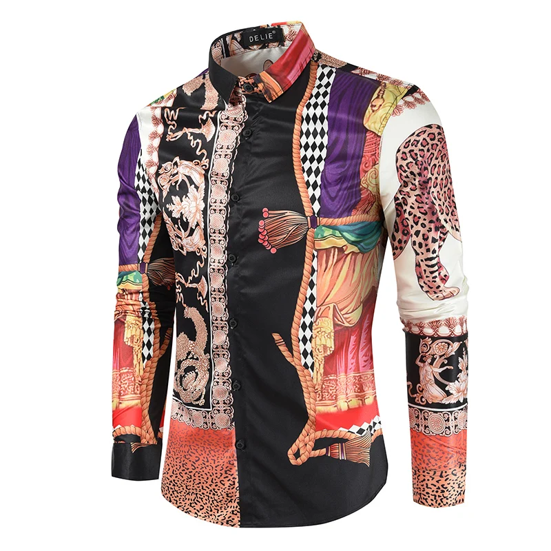 

12 Colors Men Shirt Fashion Baroque Syle Design Printed Long-Sleeve Mens Shirts SIZE S-3XL
