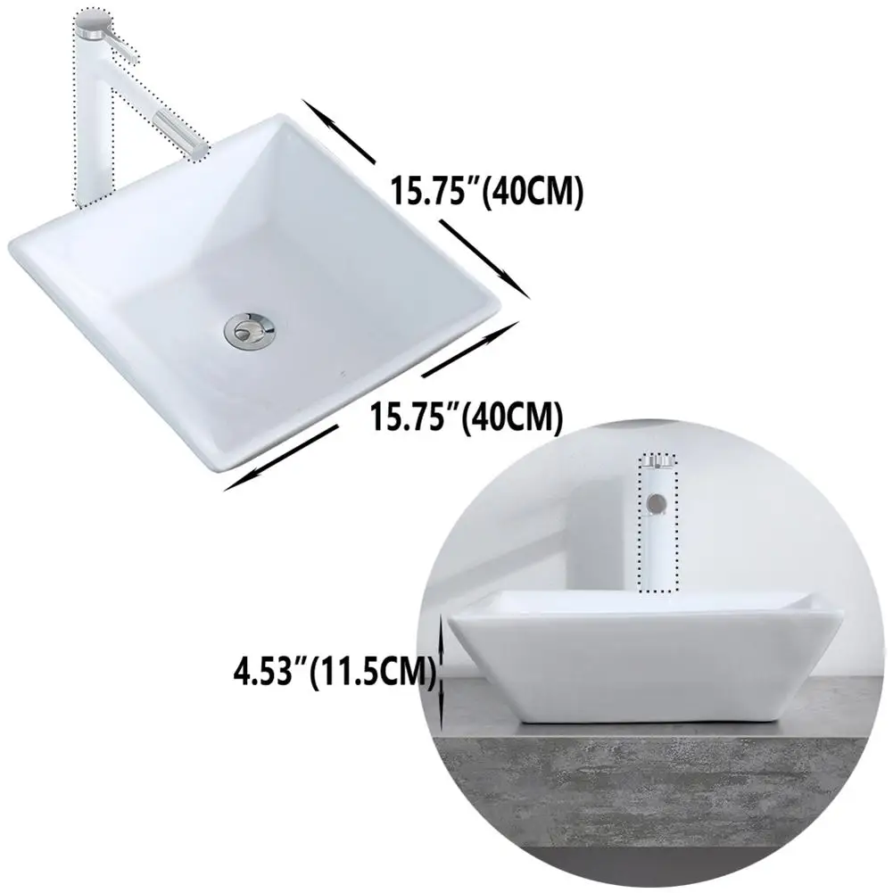 

Bathroom Above Counter Square Ceramic Vessel Vanity Sink Art Basin - White Porcelain - with Pop Up