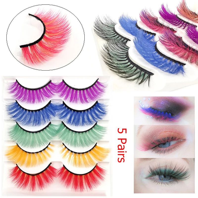 

Colorful 3D Luxury Faux Mink Eyelashes Long Individual Thick Fluffy Colorful False Eyelashes Makeup Extension Tools 5 Pairs