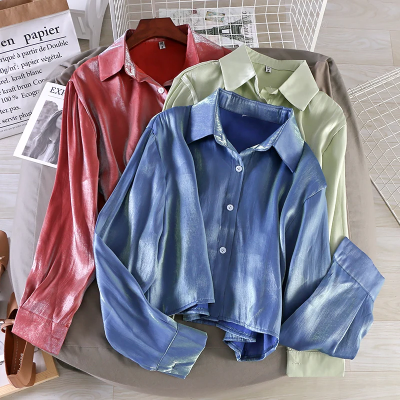 

Женская однобортная рубашка свободные и тонкие с длинным рукавом, новинка 2021, топ с коротким отложным воротником