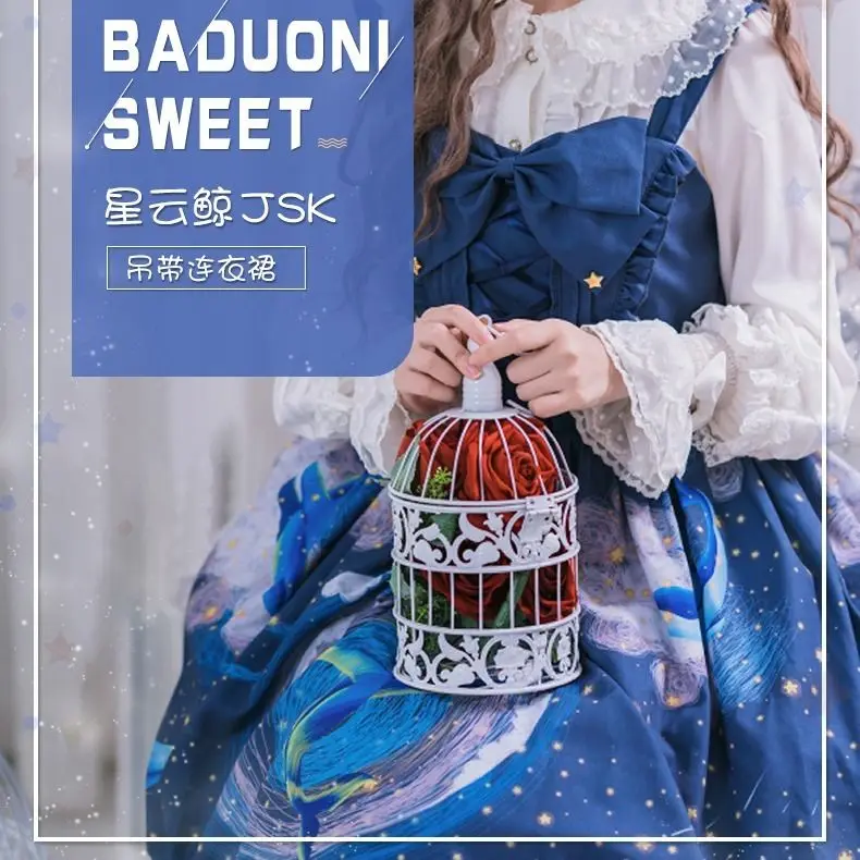 Мягкое платье для девочек в готическом стиле голубое с высокой талией и принтом |