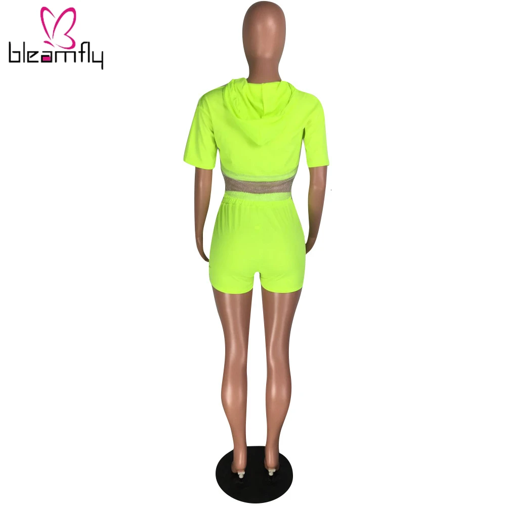 Новинка 2019 Женский неоновый зеленый Тренч с капюшоном и блестками топ шорты