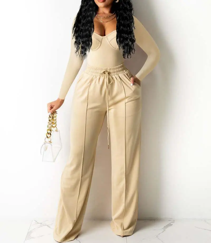 

wsevypo Elegant Fashion Pants Suits Fall Winter Two-piece Matching Sets Women Square Collar Base Shirts+Straight Trousers Solid