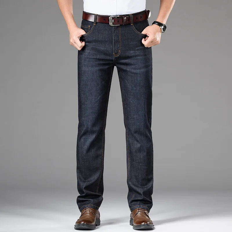 High Waistline Business Slim Jeans Fashion Casual Straight Cotton Elastic Big Size Brand Men Jean Men's Clothing Zipper | Мужская