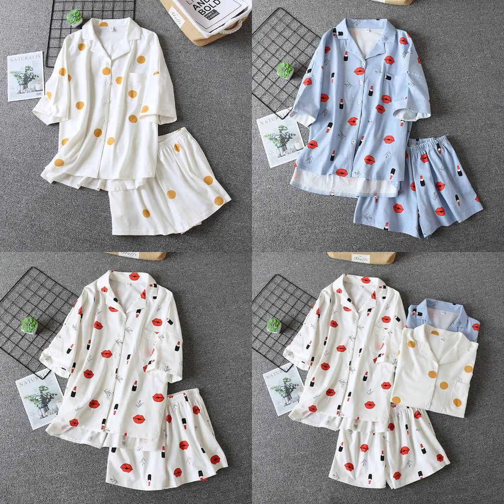 

Women's Summer Pajamas Short-sleeved 100% Cotton Short-sleeved Shorts Two-piece Spring and Summer Home Service Thin Section