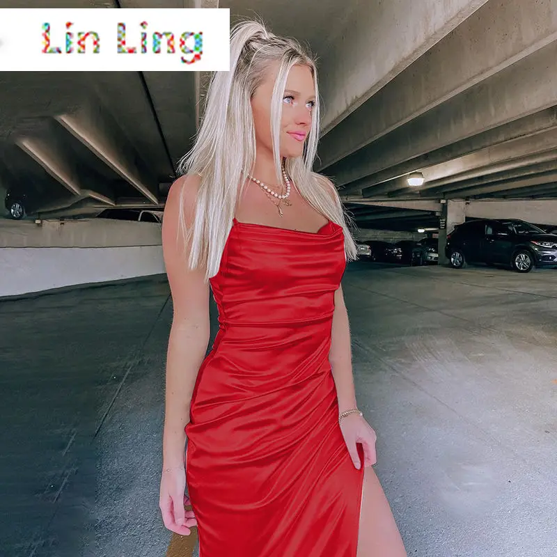 

High Slit Pile Collar Strap Satin Dress for Women Summer Solid Color Temperament Wild Mid-Length Formal Dress Sheath Dress