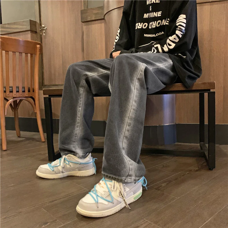 

Wildyak Gradient Color Harajuku Men's Jeans Loose Straight Casual Male Hip Hop Denim Pants Fashion Streetwear Trousers