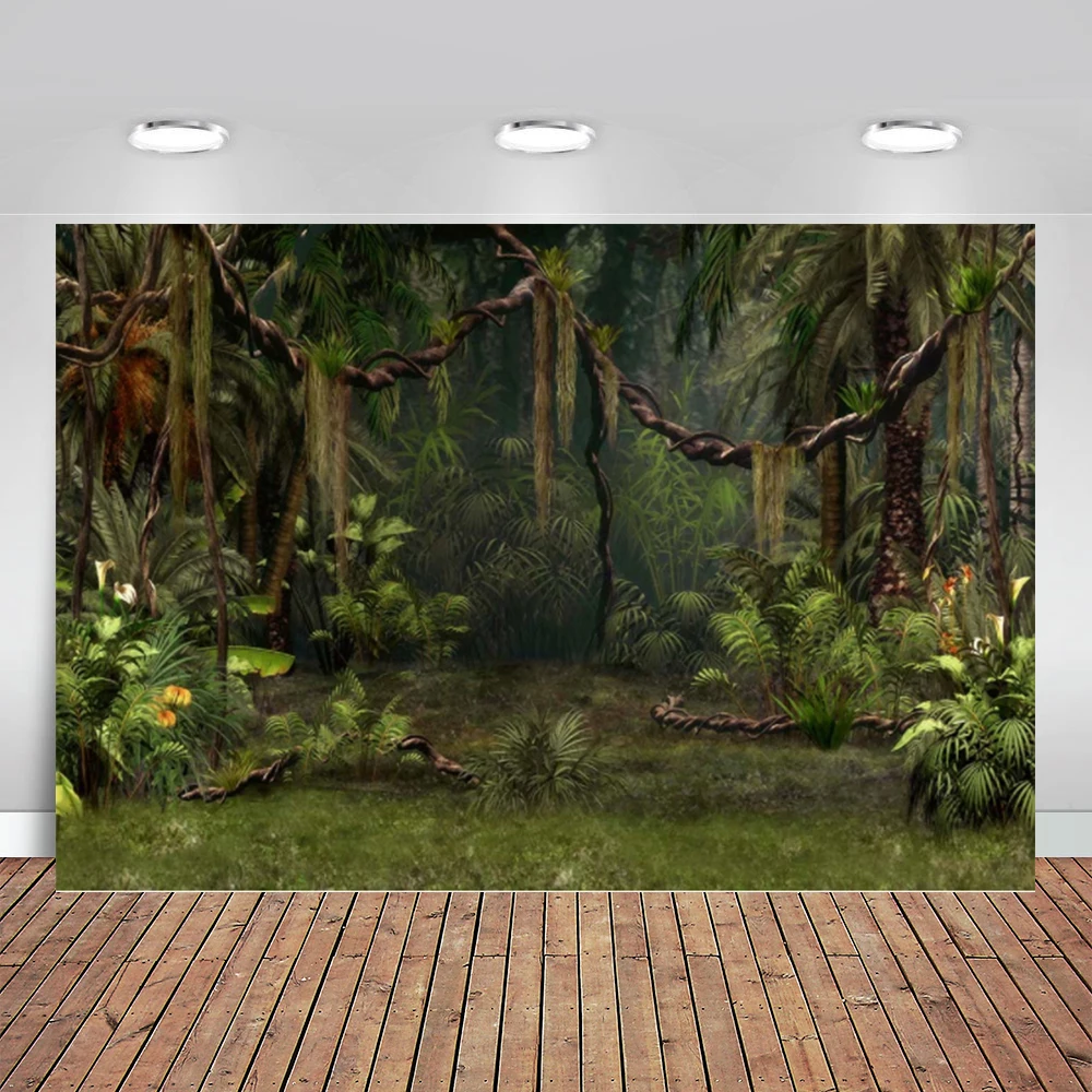 

Photography Backdrop Forest Jungle Photo Background Studio Birthday Party Decoration Dessert Table Banner Green Palm Tree