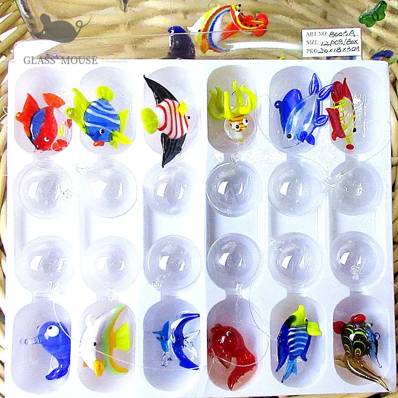 

12pcs hot handmade Murano glass OCEAN FISH small statue home aquarium decorative pendant float glass animals miniature figurines