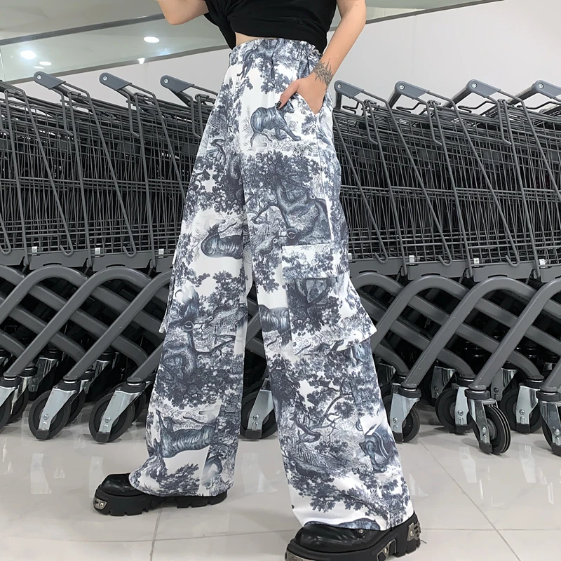 

Женские брюки Lychee Harajuku, летние прямые широкие брюки с эластичным поясом, с карманами, 3D принтом животных