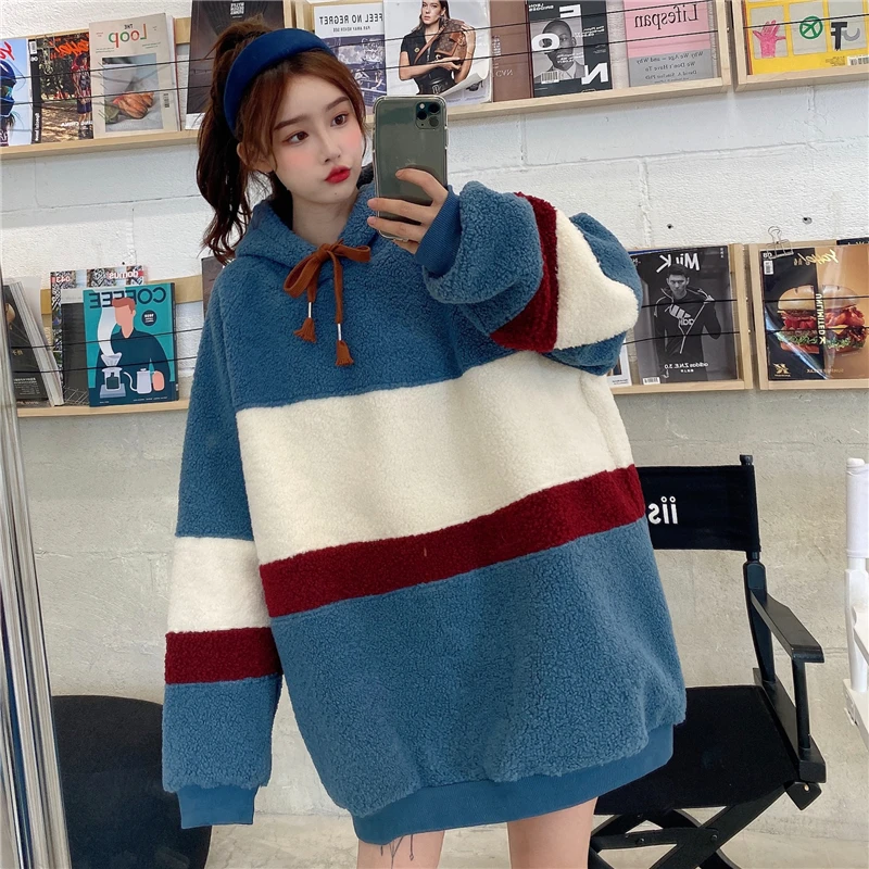 

Autumn Winter Oversized Hoodies Women Sweatshirts Fleece Patchwork Korean Fashion Long Slevee Hooded Pullover Girl Clothing 2021