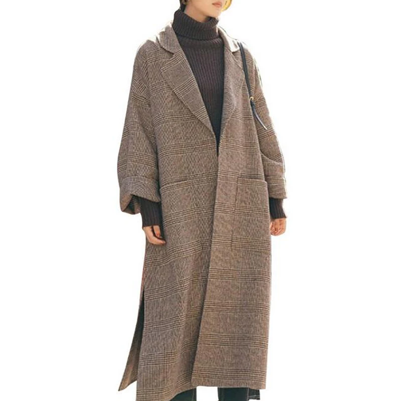 

Autumn Winter New Retro Tartan Woolen Coat Hepburn Woolen Coat Female Long Section Coats Womens Fashions Women Coat