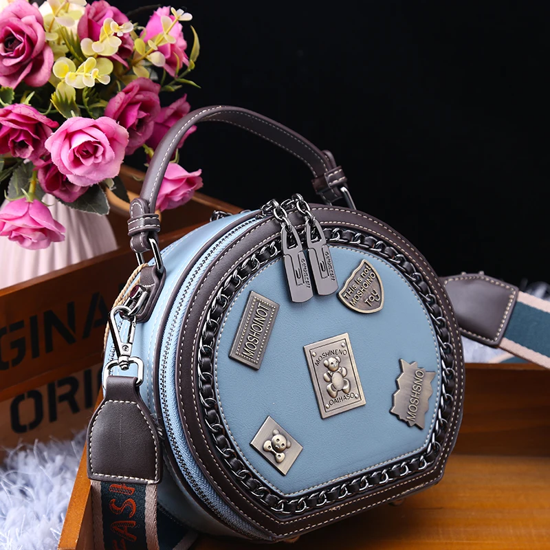 

Genuine Leather Handbags 2021 New Fashion Retro Cowhide Badge Small Round Bag All-match Shoulder Satchels Tote Bags for Women Gg