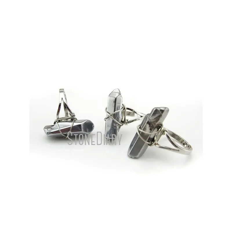 RM13001 10Pcs Wire Wrapped Sliver Plated Polishing Faceted Pillar Ring Titanium Silver White Quartz Adjustable | Украшения и