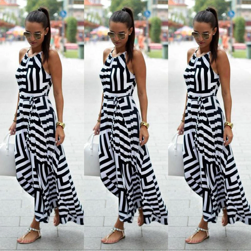 

Women Casual Slim Black White Striped Maxi Dress Chiffon Sleeveless Halter Neck Long Evening Party Elegant Dress