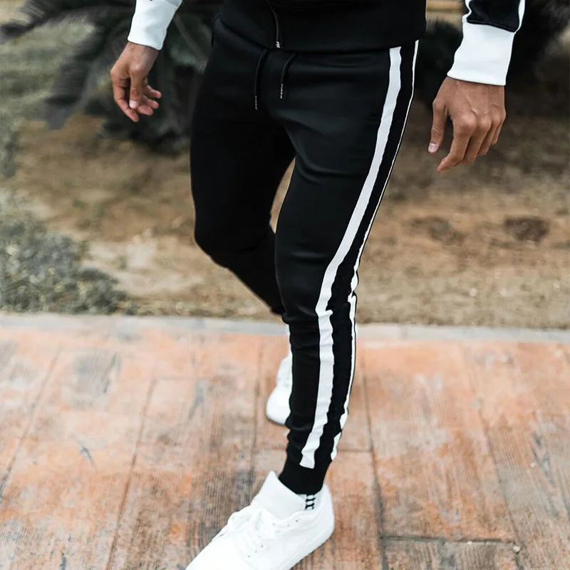 

2021 Autumn Fashion Stripe Patchwork Track Pants For Men Casual Men's Slim Fit Jogging Trouser Drawstring Mid Waist Sports Pants