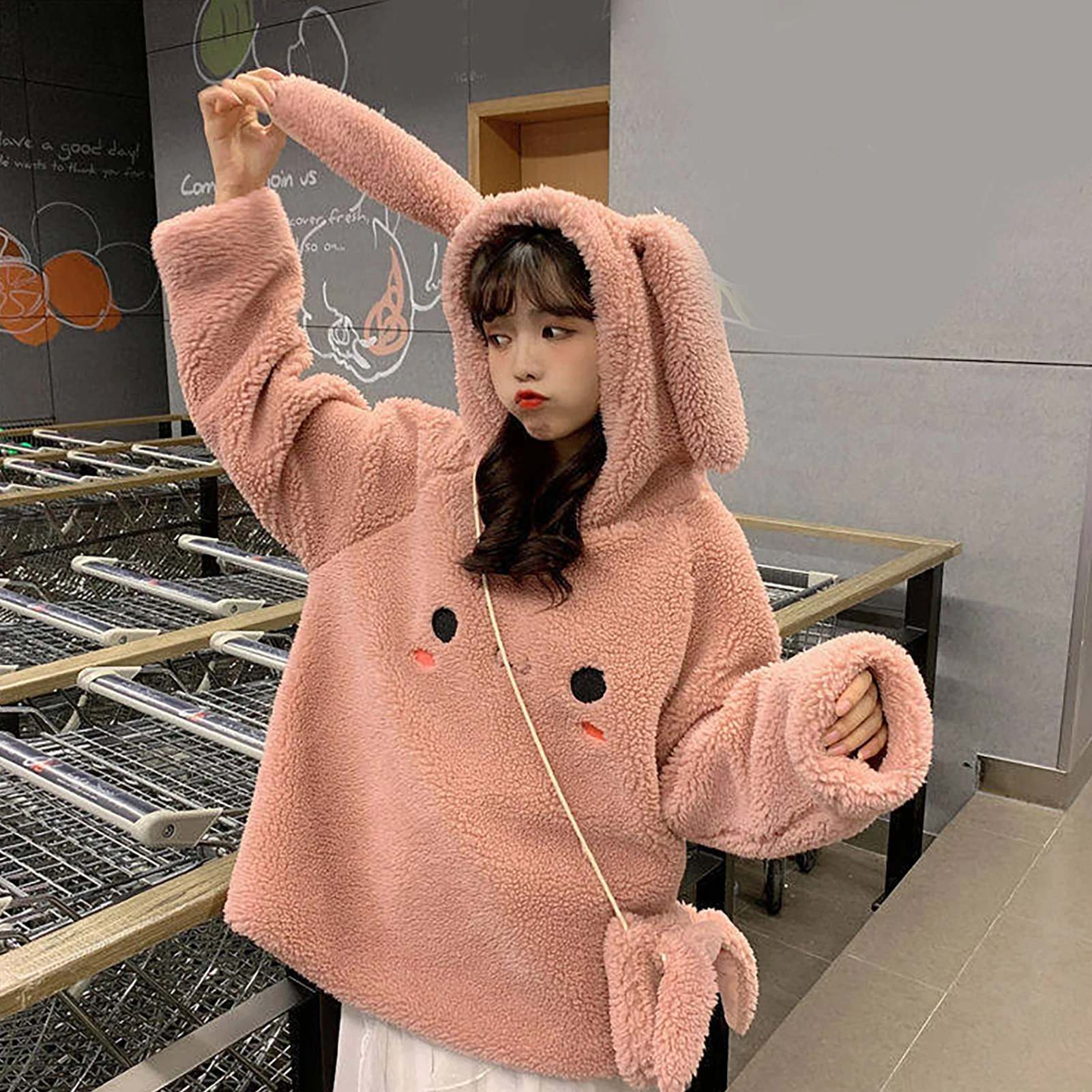 Women Autumn Winter Cute Ears Hoodie Faux Fleece Long Sleeve Sweatshirt with Bag