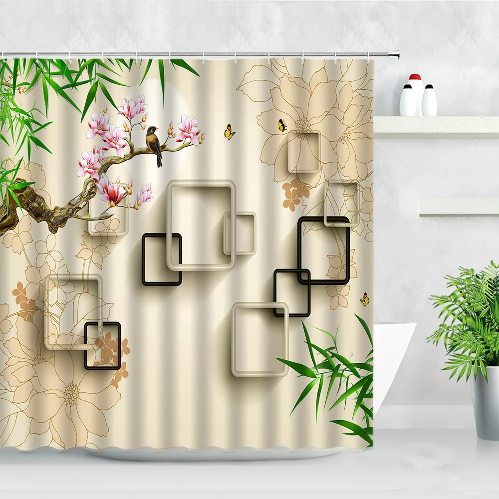 

Pink Flowers Shower Curtains Green Bamboo Leaves Natural Scenery Chinese Style Home Background Wall Decor Bathroom Curtain Set
