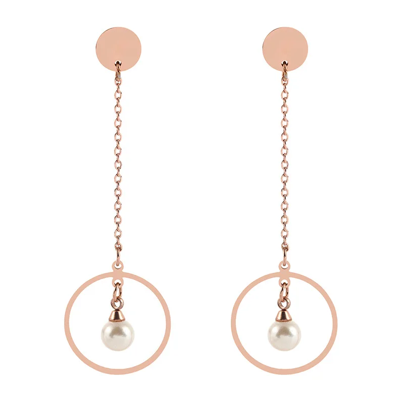 

JIOROMY Simple Ins Long Jewelry Fashion Titanium Steel Earrings For Women Dangle Pearl Pendant Big Circle Drop Earring