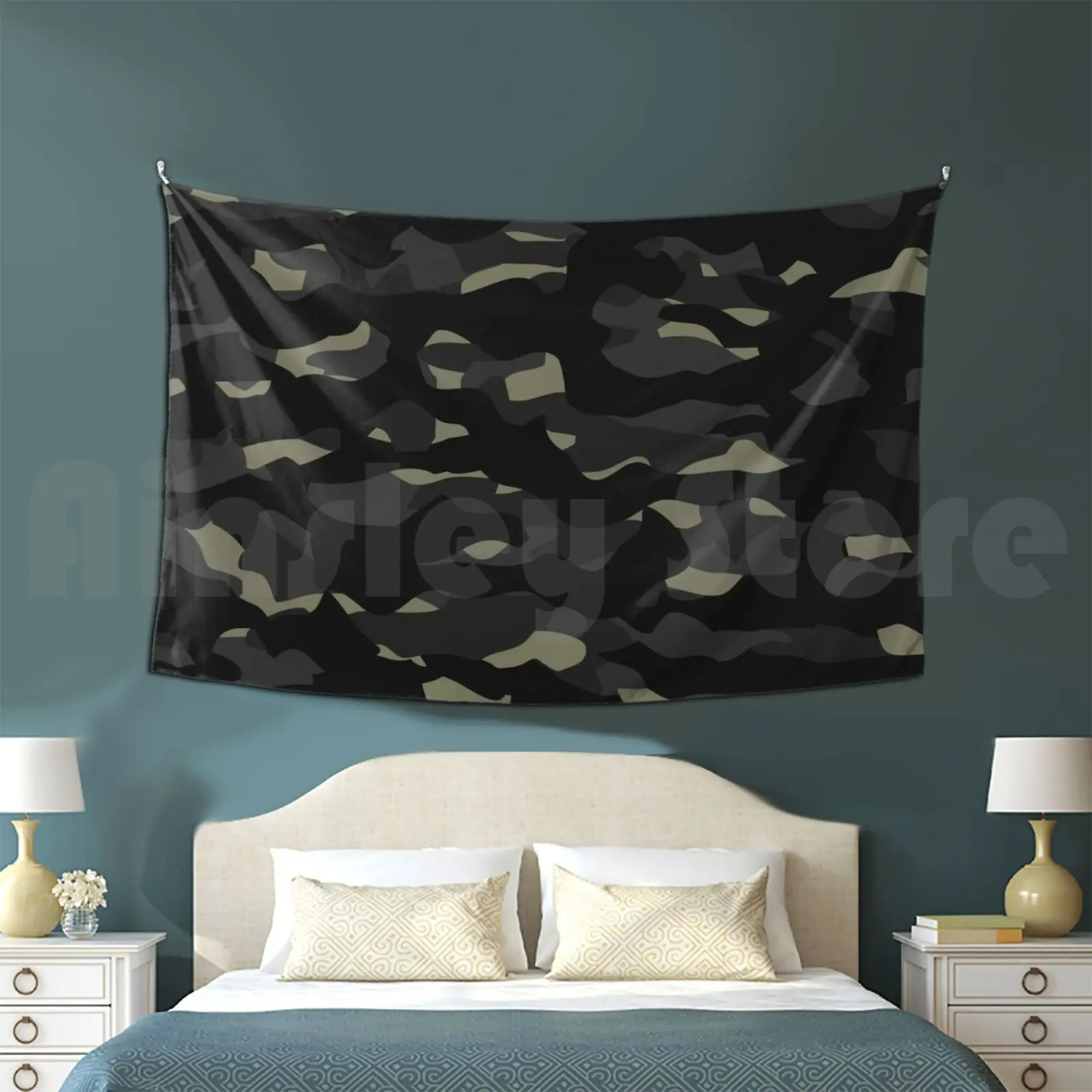 

Cool Camouflage Pattern-Dark Black , Shades Of Grey And Beige Tapestry Living Room Bedroom Camouflage Camo Style