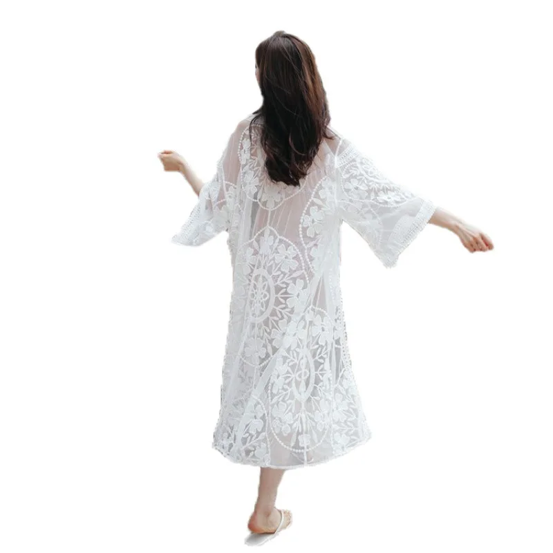 

Lace Cardigan Coat Gauzy Sun Protection Clothing Beach Mid-Length Air-Conditioner Cardigan Women's Shawl Beachwear