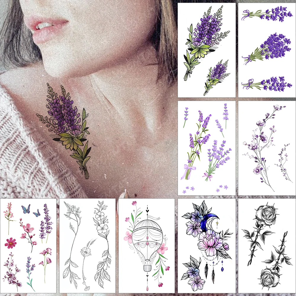 

Waterproof Temporary Tattoo Sticker Purple Lavender Flower Green Color Tatoo Shoulder Arm Woman Man Child Art Flash Tatto